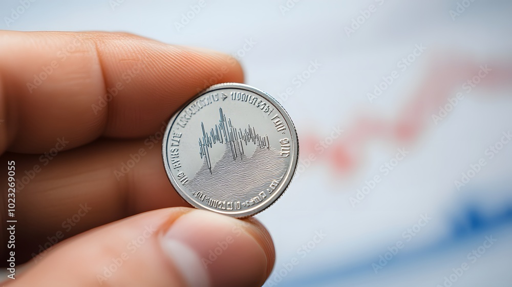 Grasping a coin representing stock market investments with fluctuating charts in the backdrop Grasping a coin representing stock market investments with fluctuating charts in the backdrop