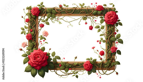Fototapeta Naklejka Na Ścianę i Meble -  frame of red rose with ivy vines isolated on a transparent background