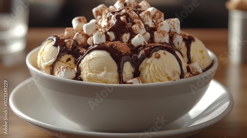 decadent dessert featuring a bowl of ice cream topped with rich chocolate sauce and fluffy marshmallows elegantly served on a white plate embodying indulgence and deliciousness