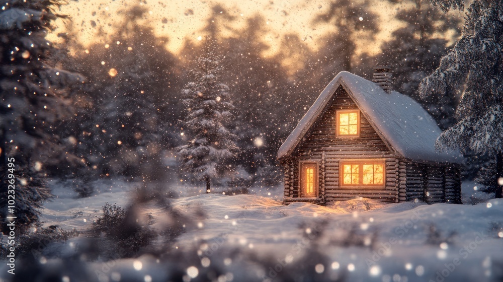A cozy log cabin in a snowy landscape, illuminated by warm light during winter. A cozy log cabin in a snowy landscape, illuminated by warm light during winter.