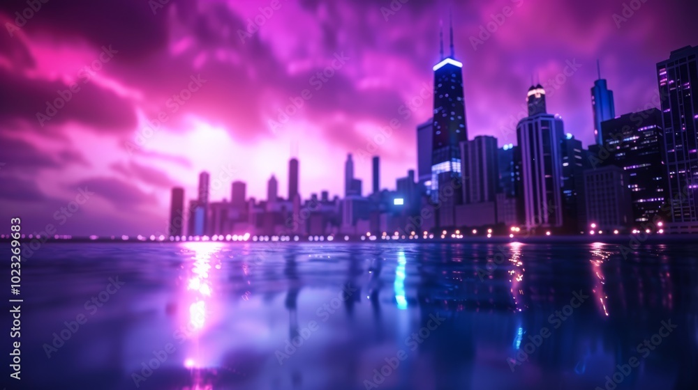 Stunning purple neon sunset over a modern city skyline reflected in calm waters at twilight Stunning purple neon sunset over a modern city skyline reflected in calm waters at twilight