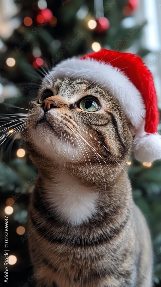 Cute cat wearing a Santa hat on a decorated Christmas background. ai generated Cute cat wearing a Santa hat on a decorated Christmas background. ai generated