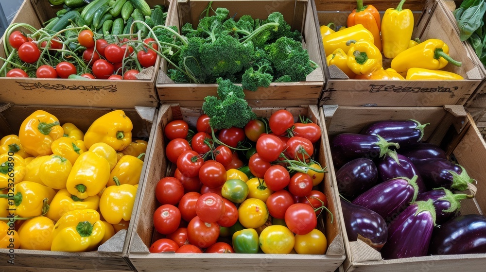 Assortment of Fresh Organic Vegetables in Wooden Crates at Local Market Assortment of Fresh Organic Vegetables in Wooden Crates at Local Market