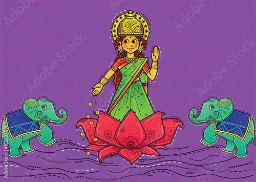 creative vector illustration of Indian festival Dhanteras festival with Goddess Laxmi with desi art style and abstract decotarive background. photo