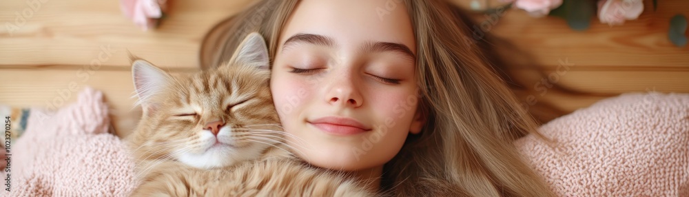 Adorable Fluffy Siberian Cat Resting Contentedly in the Arms of a Smiling Young Woman, A Picture of Pure Happiness and Companionship Adorable Fluffy Siberian Cat Resting Contentedly in the Arms of a Smiling Young Woman, A Picture of Pure Happiness and Companionship