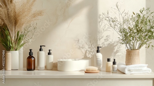 Wallpaper Mural Elegant bathroom shelf with natural decor, featuring skincare products, plants, and soft towels for a calming atmosphere. Torontodigital.ca