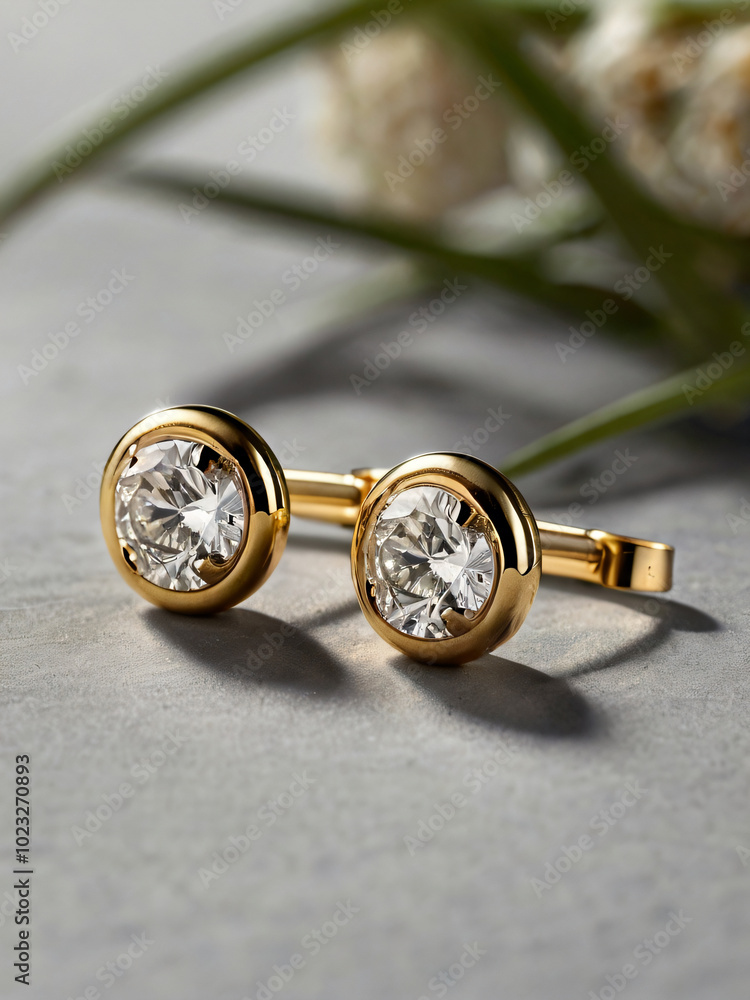 a pair of elegant gold earrings adorned with round-cut diamonds. a pair of elegant gold earrings adorned with round-cut diamonds.