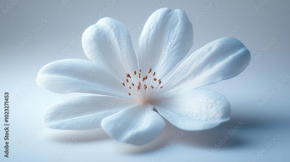 Fototapeta premium delicate white flower elegantly floating against a pure white background each petal meticulously detailed exuding simplicity and tranquility in a minimalist style
