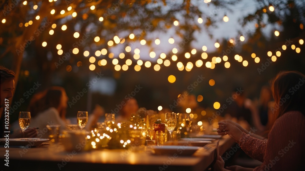A festive outdoor celebration filled with twinkling lights, where friends gather to share their resolutions. A festive outdoor celebration filled with twinkling lights, where friends gather to share their resolutions.