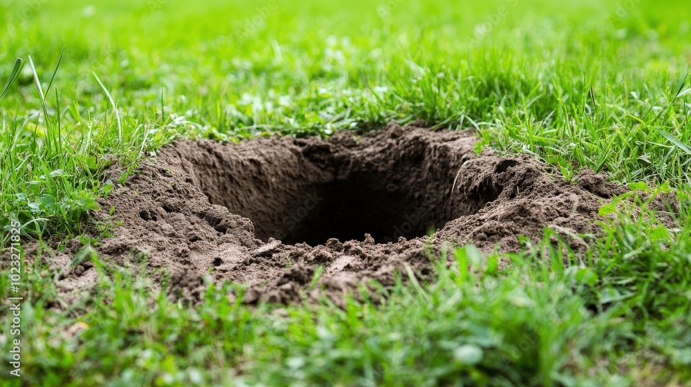 Fototapeta premium Hole In Ground. Danger in the Deep: Bottomless Burrow in Grass Background