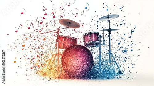 A drum set exuberantly stands out, surrounded by cascading notes and a riot of colors, capturing the essence of musical passion and vibrant artistry. photo