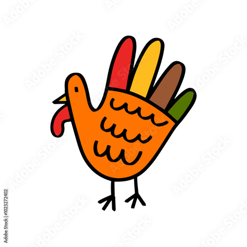 Happy Thanksgiving Day drawing of child hand turkey. Thanksgiving hand drawn vector white background, greeting card, poster, banner, cover, template