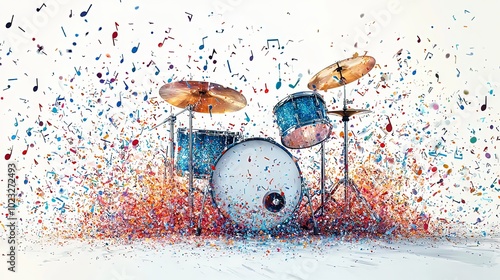 A striking blue drum kit is encircled by an explosion of diverse musical notes, representing the essence of sound, creativity, and artistic expression. photo