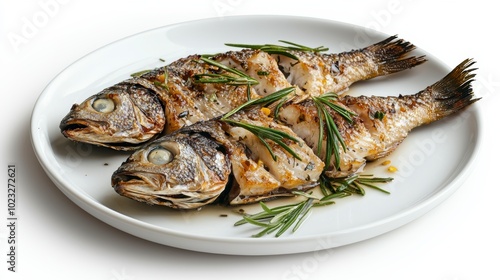 A beautifully presented plate of grilled fish garnished with herbs, perfect for showcasing delicious seafood dishes.