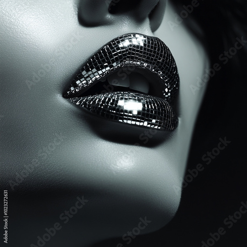 beauty high key close-up shot of a chique lady her mouth with a mirror discoball lips with high gloss lipstick photo