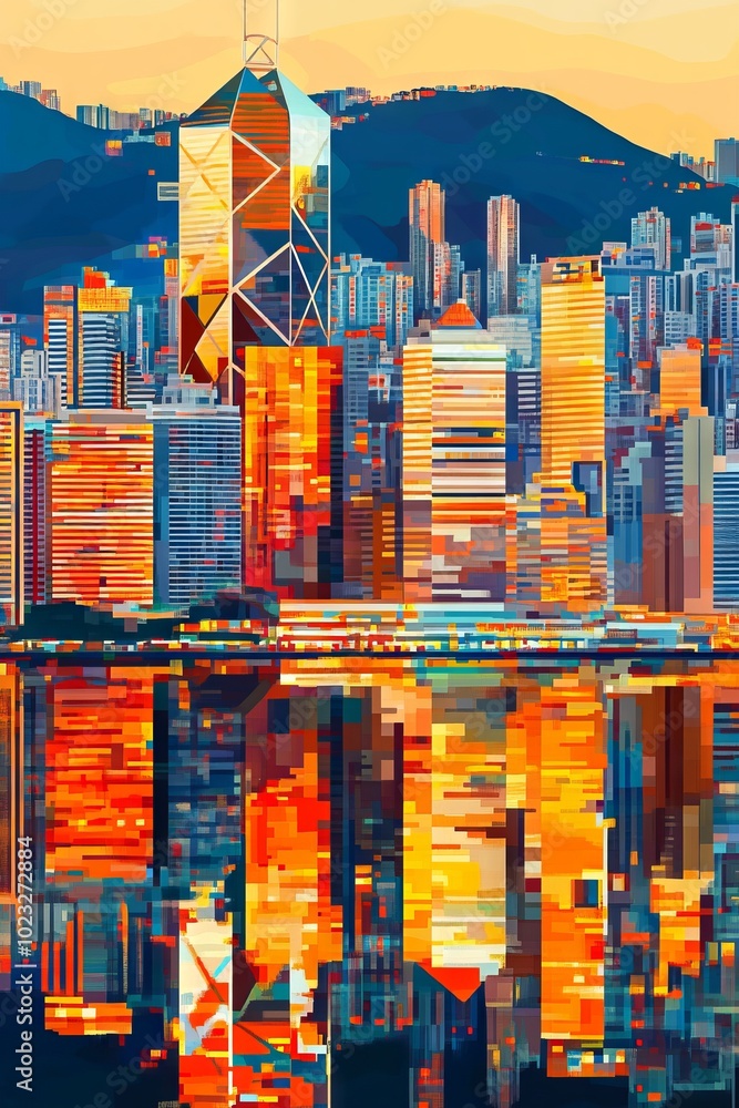 Obraz premium A vibrant city skyline with a tall building in the center, glowing with warm hues of orange and yellow.