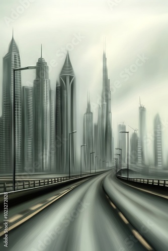 A long, empty road leading towards a futuristic cityscape.