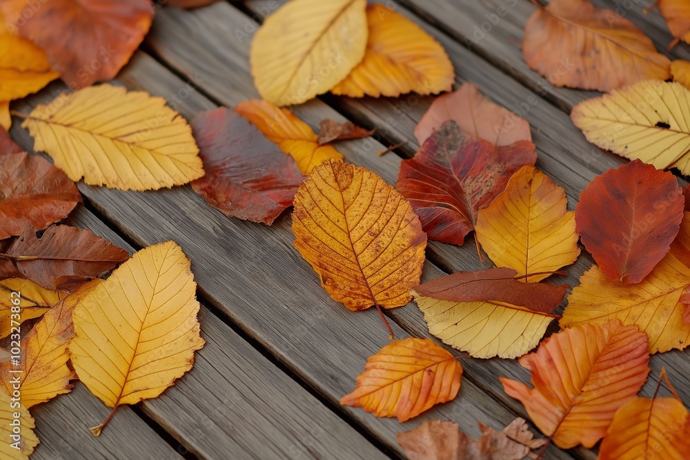 A collection of colorful autumn leaves scattered over a wooden deck, showcasing fall's vibrant palette. A collection of colorful autumn leaves scattered over a wooden deck, showcasing fall's vibrant palette.