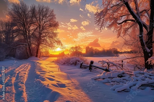 Winter landscape sunset outdoors.