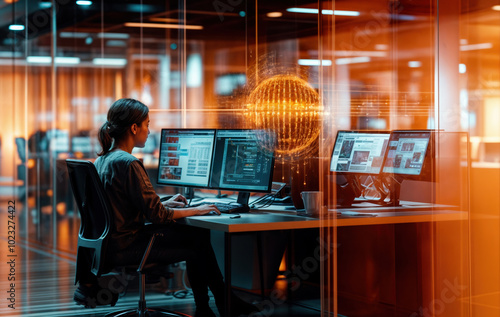 a woman sitting at a desk with multiple computer screens in front of her, working in a modern, well-lit office with futuristic technology.