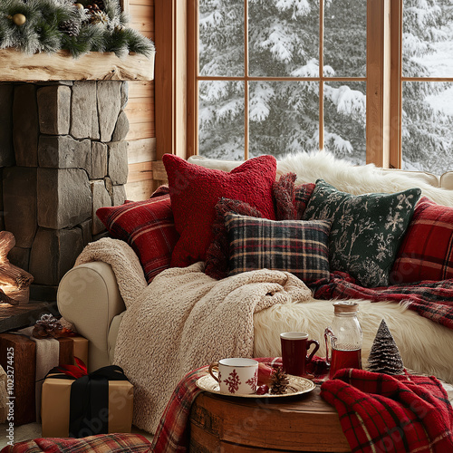 A cozy living room with a plush sofa, surrounded by red and green plaid pillows, featuring Christmas decorations like pine trees, snowflakes, warm blankets, coffee cups on the table