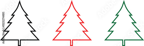 Christmas tree black and white symbols. Christmas tree illustrations. Vector. Red Christmas tree icon set.  Fir tree line drawing, vector Simple shape concept for winter season icon.	