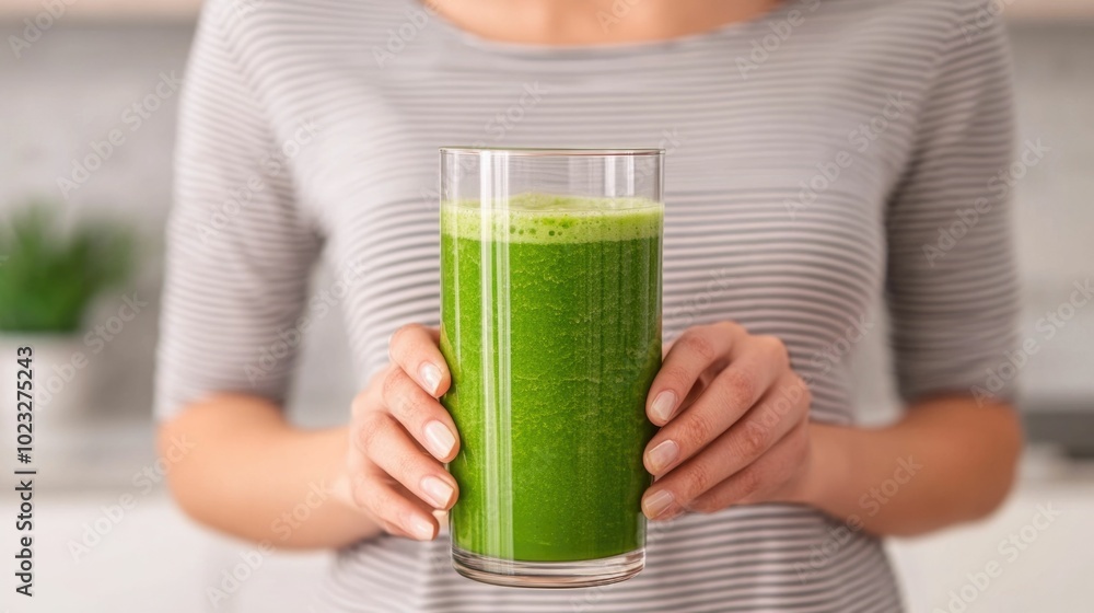 Young woman holding a glass of refreshing green detox juice while standing in a modern bright kitchen The image conveys a healthy clean and energetic lifestyle with a focus on nutrition and wellness Young woman holding a glass of refreshing green detox juice while standing in a modern bright kitchen The image conveys a healthy clean and energetic lifestyle with a focus on nutrition and wellness