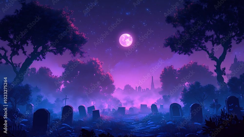 A spooky graveyard at night, cartoon style, twisted trees surrounding the crooked tombstones, glowing ghost figures hovering over graves. A spooky graveyard at night, cartoon style, twisted trees surrounding the crooked tombstones, glowing ghost figures hovering over graves.