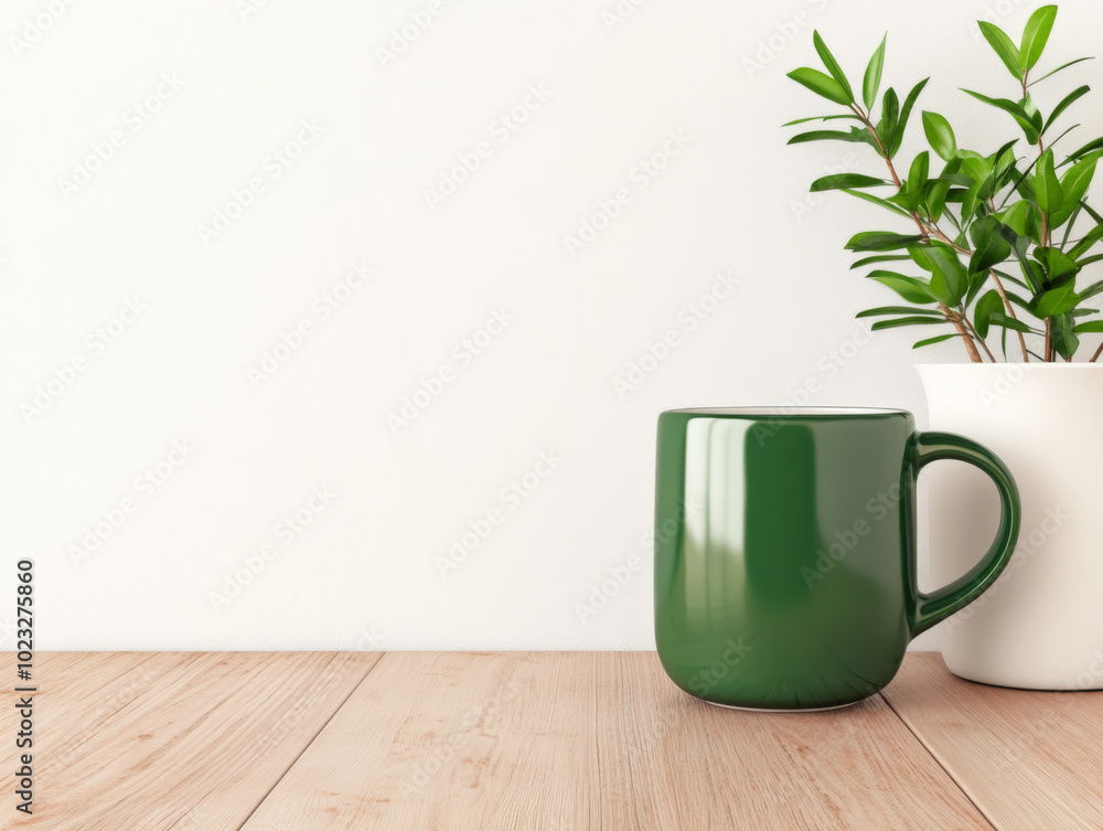 Green ceramic mug and potted plant on wooden table with minimalist background design Green ceramic mug and potted plant on wooden table with minimalist background design