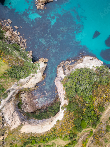 Coromandel, New Zealand: Overhead view of the coast of the Coromandel pensinsula near Hahei and Whitianga in New Zealand north island. photo