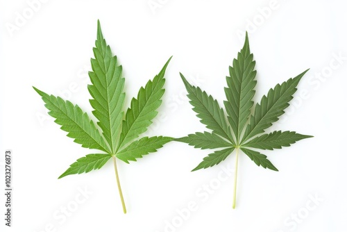 Indica and Sativa Cannabis Leaves Isolated on White Background. Filtered Wild Plant for Medical Cultivation