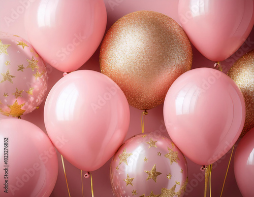 Pink and golden balloons on a pink background. Festive background. photo