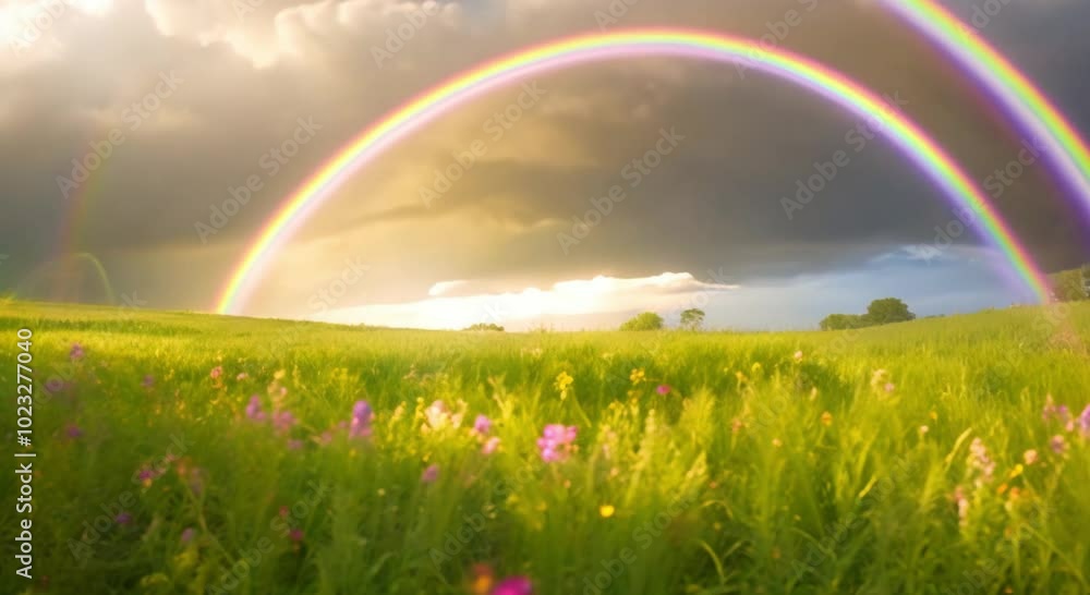 Rainbow Arching Over a Peaceful Meadow After Rain Rainbow Arching Over a Peaceful Meadow After Rain
