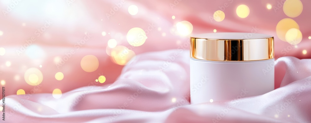 Luxurious pearl white cosmetic jar with gold accents, delicately placed on soft, pink satin fabric, surrounded by subtle light reflections. Luxurious pearl white cosmetic jar with gold accents, delicately placed on soft, pink satin fabric, surrounded by subtle light reflections.