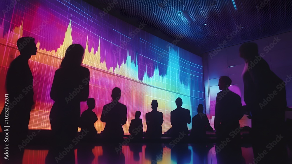 Naklejka premium People watching a giant stock graph in a busy conference room with bright reflections