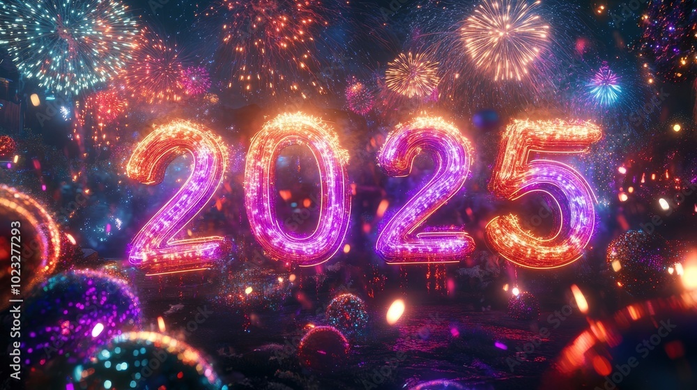 A festive scene with 2025 crafted from shimmering neon lights, surrounded by swirling fireworks. A festive scene with 2025 crafted from shimmering neon lights, surrounded by swirling fireworks.