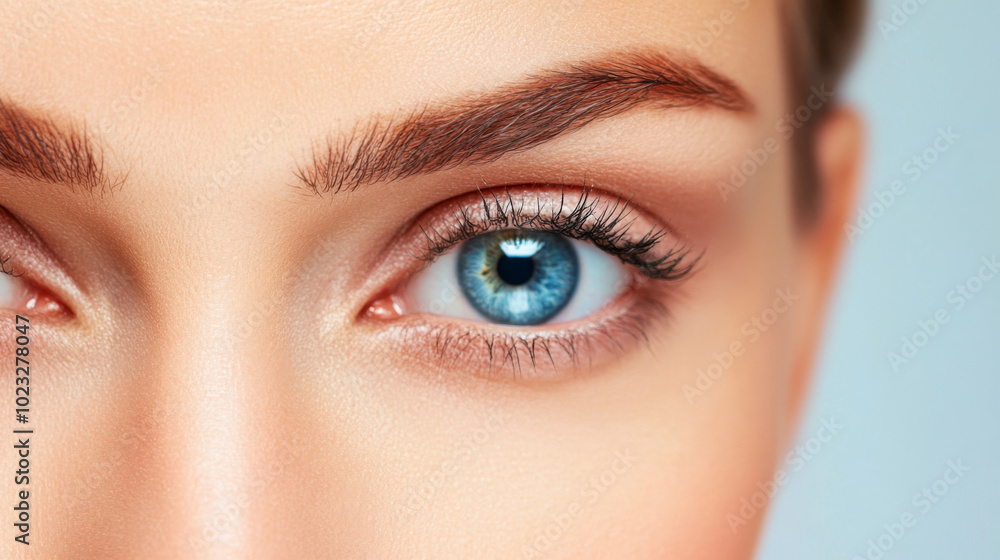 Close up view of a woman striking blue eye and well-groomed brows in natural lighting Close up view of a woman striking blue eye and well-groomed brows in natural lighting