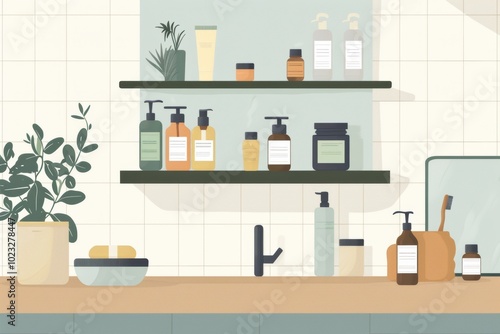 Minimalistic bathroom shelf with toiletries and plants