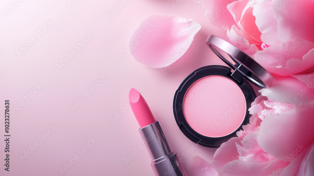 Elegant pink lipstick and compact powder set placed on a pastel pink surface, with a gentle scattering of delicate rose petals surrounding the items for a soft, romantic vibe. Elegant pink lipstick and compact powder set placed on a pastel pink surface, with a gentle scattering of delicate rose petals surrounding the items for a soft, romantic vibe.
