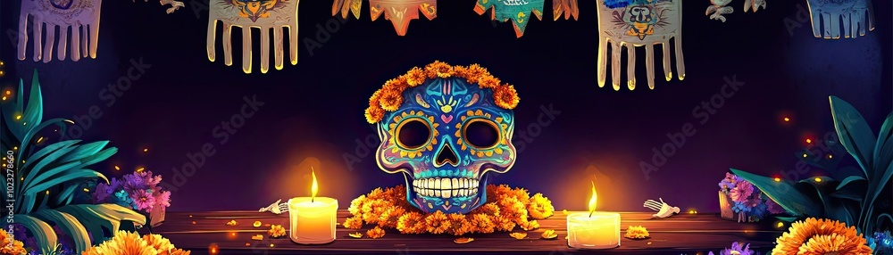 Colorful Day of the Dead altar featuring a decorated skull, flowers, candles, and vibrant decorations celebrating life. Colorful Day of the Dead altar featuring a decorated skull, flowers, candles, and vibrant decorations celebrating life.