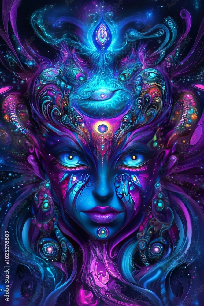 Psychedelic art featuring a woman's face. Psychedelic art featuring a woman's face.