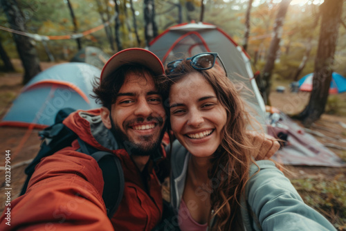 Happy couple enjoying a playful moment at a scenic camping site in the woods during a sunny afternoon