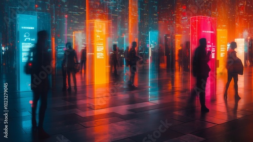 Future digital interaction exhibition showcasing holographic info pillars for an immersive tech experience across urban spaces