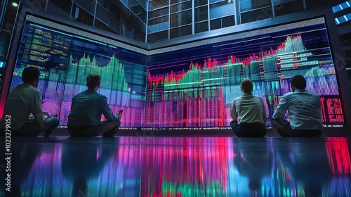 Traders watching a stock market chart on a giant screen with lights reflecting the fast-paced trades