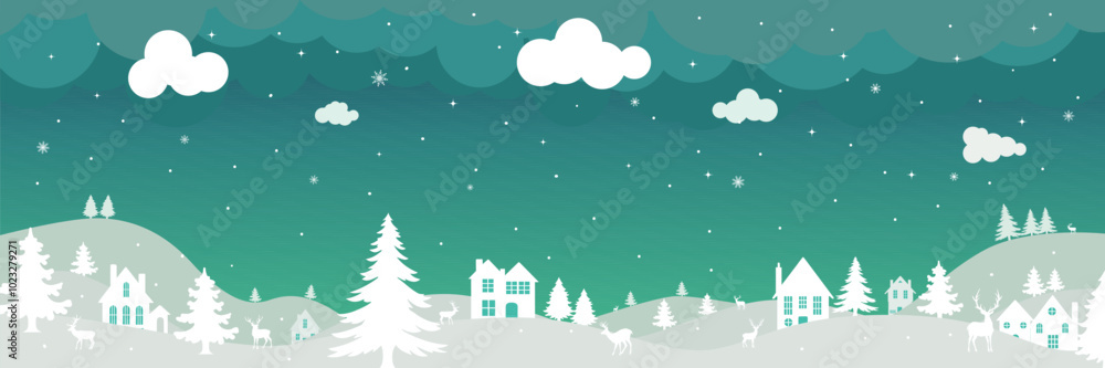 Christmas horizontal banner. Illustration Winter landscape with deer and fir trees in the snow, village in the night sky with stars, and snowfall. Green background. Christmas horizontal banner. Illustration Winter landscape with deer and fir trees in the snow, village in the night sky with stars, and snowfall. Green background.