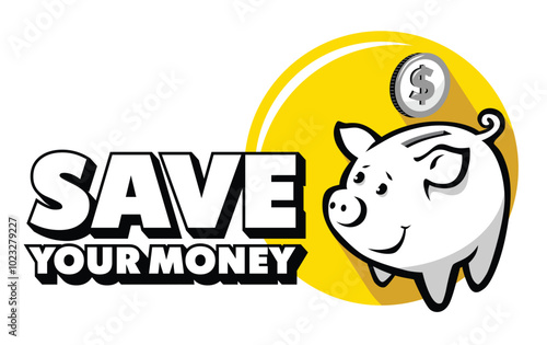 Piggy bank save your money. Symbol of profit and growth with dollar coin. Vector template for advertising sale, stability and security of money storage