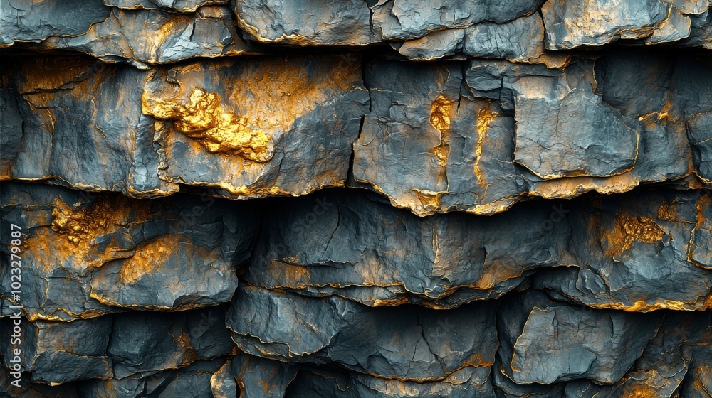 A detailed view of a layered rock formation displaying dark gray layers with vibrant golden veins highlighting the texture and depth of the rocks. A detailed view of a layered rock formation displaying dark gray layers with vibrant golden veins highlighting the texture and depth of the rocks.