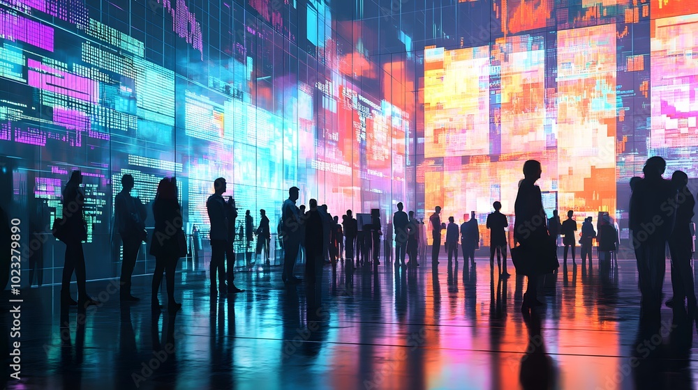 People gathered in a room filled with bright monitors and stock graphs reflecting market movement People gathered in a room filled with bright monitors and stock graphs reflecting market movement