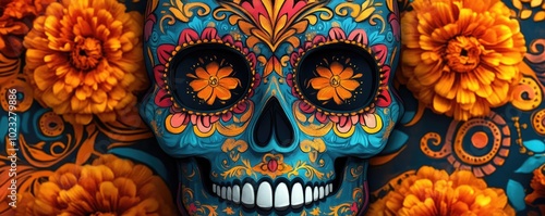 Colorful decorative skull surrounded by vibrant marigold flowers, symbolizing the celebration of life and death in Mexican culture.