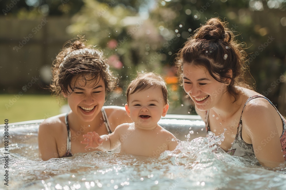 Happy lesbian couple with baby in the backyard pool. A heartwarming image for family bonding, summer fun, and parenting themes. Ideal for lifestyle and familyoriented content. Happy lesbian couple with baby in the backyard pool. A heartwarming image for family bonding, summer fun, and parenting themes. Ideal for lifestyle and familyoriented content.